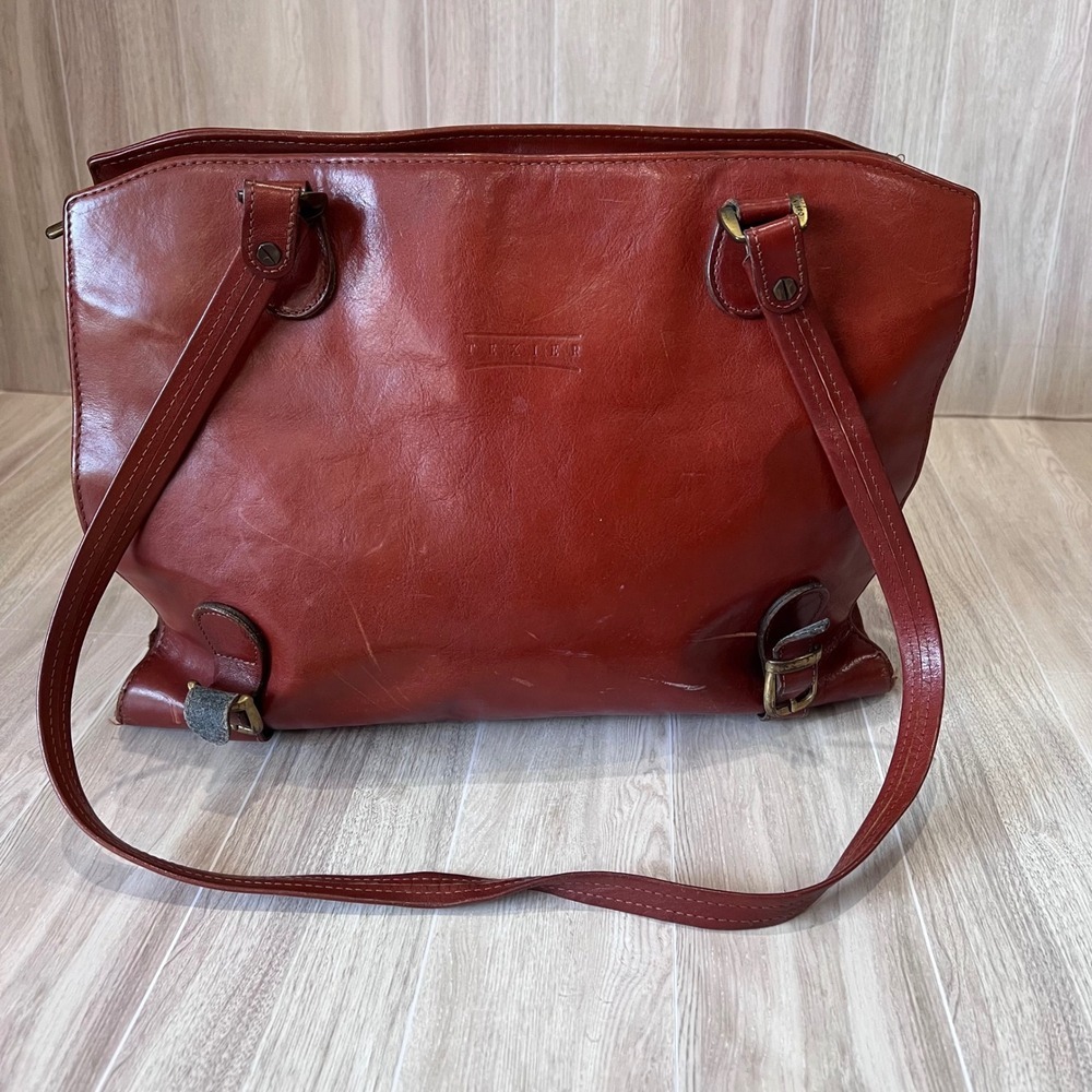 Texier Leather Satchel Shoulder Bag Work School Travel Vintage Redish Brown